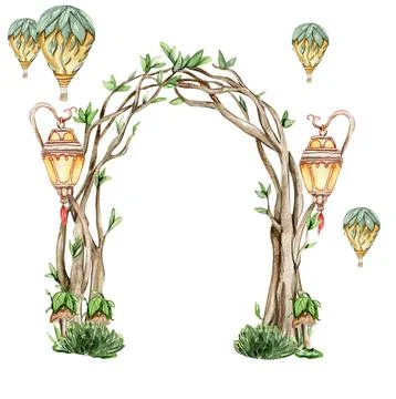Composition with forest fairy, green tree and bushes . Watercolor hand drawn  Stock Illustration