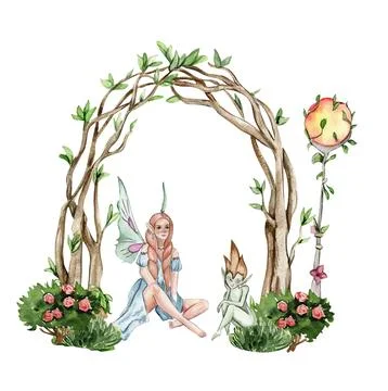 Composition with forest fairy, green tree and bushes . Watercolor hand draw.. Stock Illustration