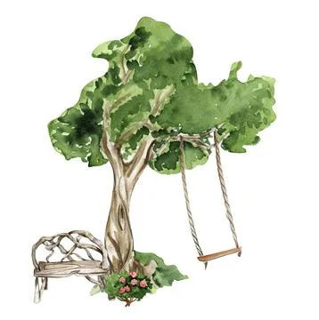Composition with forest fairy, green tree and bushes . Watercolor hand drawn  Stock Illustration