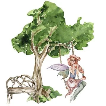Composition with forest fairy, green tree and bushes . Watercolor hand draw.. Illustrazione stock