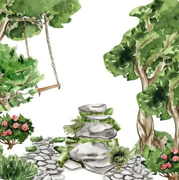 Composition with forest fairy, green tree and bushes . Watercolor hand drawn  Stock Illustration