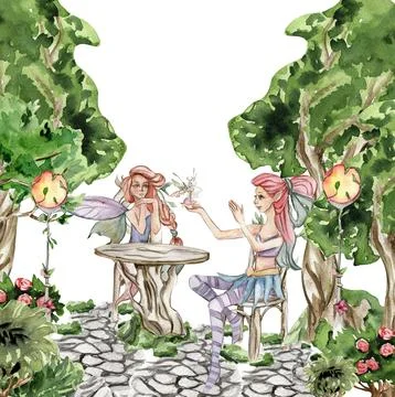 Composition with forest fairy, green tree and bushes . Watercolor hand draw.. Stock Illustration