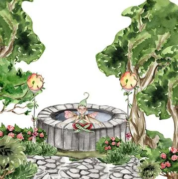 Composition with forest fairy, green tree and bushes . Watercolor hand draw.. Illustrazione stock