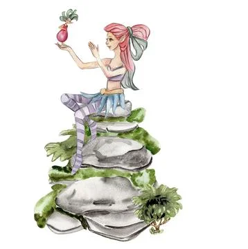 Composition with forest fairy, green tree and bushes . Watercolor hand draw.. Illustrazione stock
