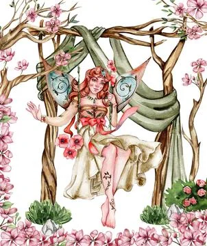 Composition with forest fairy, green tree and bushes . Watercolor hand draw.. Stock Illustration