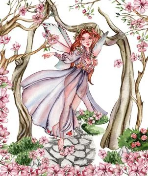 Composition with forest fairy, green tree and bushes . Watercolor hand draw.. Stock Illustration