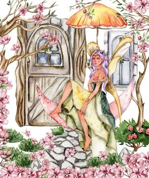 Composition with forest fairy, green tree and bushes . Watercolor hand drawn  Illustrazione stock