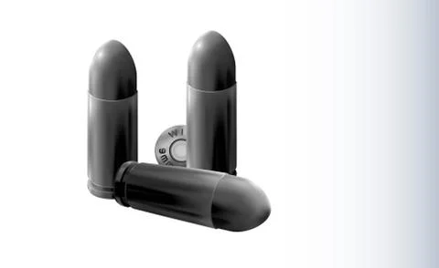 Composition from four 3d metal silver pistol cartridges in monochrome tones. Stock Illustration