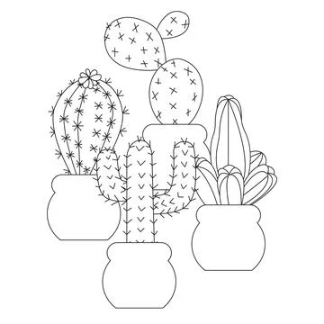 Composition of four long cacti in pots, in doodle style. Stock Illustration