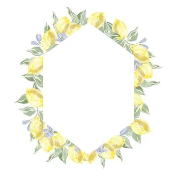 Composition with frame rhombus hexagon with lemon branches and lemons in Stock Illustration