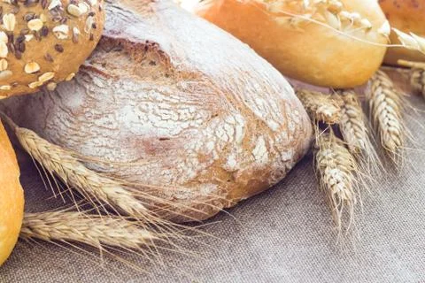 Composition fresh bread crispy rolls Stock Photos