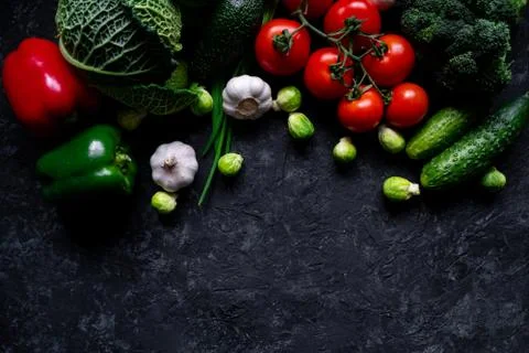 Composition of fresh farmer vegetables isolated on black background. Raw Healthy Stock Photos