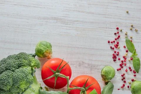 Composition of fresh vegetables with a copy of the space. green broccoli. red Stock Photos