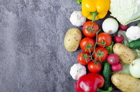 Composition of fresh vegetables with place for text on a dark gray background Stock Photos