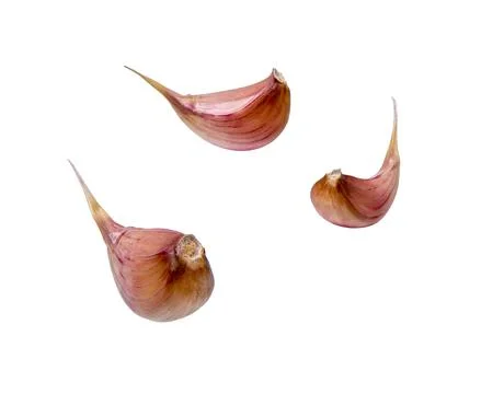 Composition with garlic cloves falling Isolated on white Stock Photos