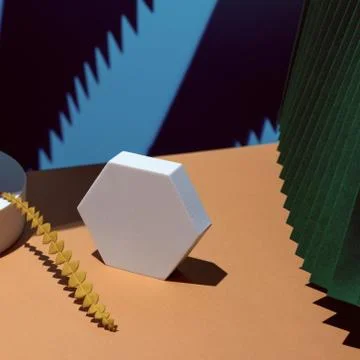 Composition of geometric shapes and colored fans made of cardboard. Concept Fotos Stock