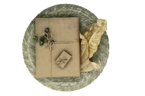 Composition of gift boxes wrapped in beige paper Foto stock
