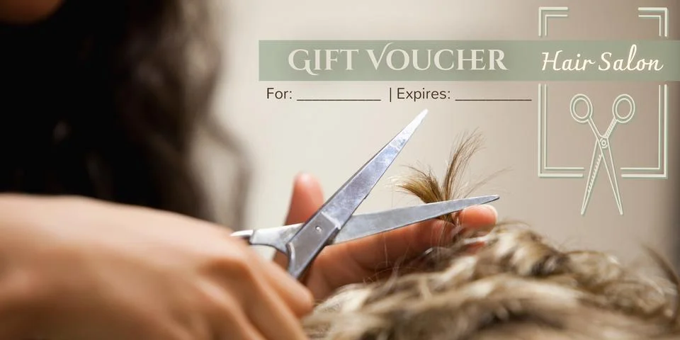Composition of gift voucher text over female hairdresser giving caucasian man Stock Photos