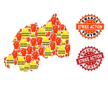 Composition of Gilet Jaunes Protest Map of Rwanda and Strike Action Stamps 스톡 일러스트