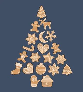 Composition of gingerbread cookies in a tree form. Christmas elements for win Illustrazione stock