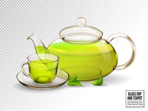 Composition of a glass cup and tea pot with green tea. Realistic vector image Illustrazione stock