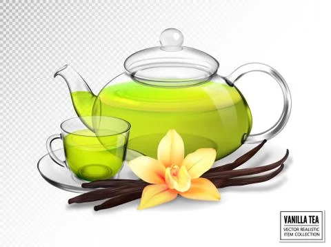 Composition of a glass cup and tea pot with green tea and vanilla. Realistic Stock-Illustration