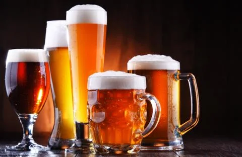 Composition with glasses of beer of various kinds Stock Photos
