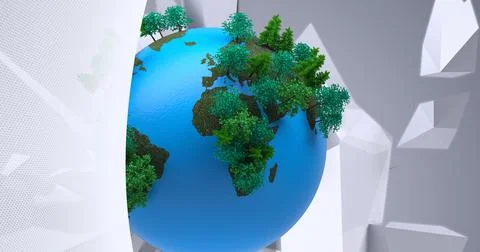 Composition of globe with 3d green trees between floating white crystals on cold Illustrazione stock