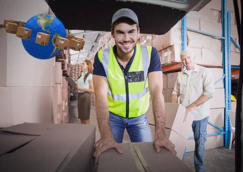 Composition of globe and cardboard boxes with warehouse worker leaning on box in Stock Photos
