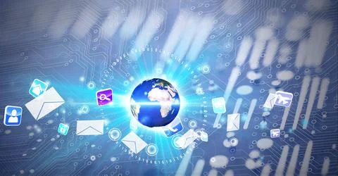 Composition of globe and digital icons over computer circuit board 스톡 일러스트