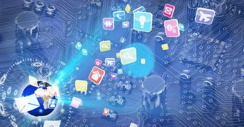 Composition of globe and digital icons over computer circuit board Stockillustratie