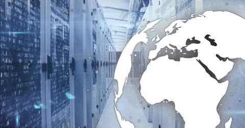 Composition of globe and light trails over server room Ilustração Stock