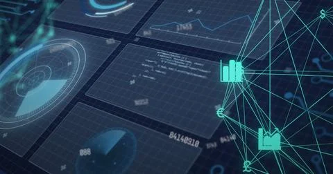 Composition of globe with connections and data processing on screens Illustrazione stock