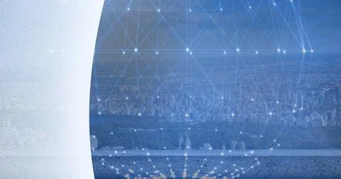 Composition of globe of connections over cityscape with white banner Ilustração Stock