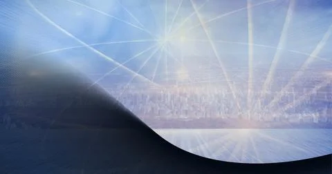Composition of globe of connections over cityscape with black curved banner Ilustração Stock