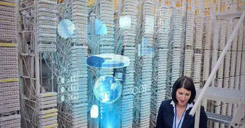 Composition of globe with data processing over woman and computer servers Stock Photos