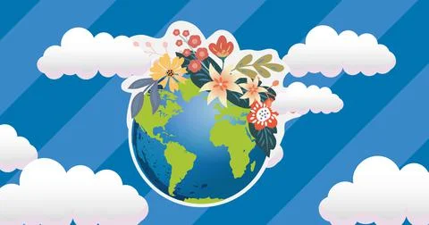 Composition of globe with flowers over blue sky and clouds Ilustração Stock