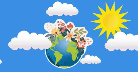Composition of globe with flowers over blue sky, sun and clouds Ilustração Stock