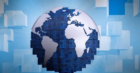 Composition of globe formed with computer circuit boards and blocks on blue Stock Illustration