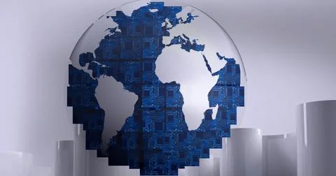 Composition of globe formed with computer circuit boards and white blocks on Stock Illustration