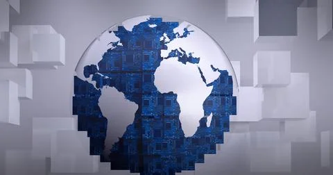 Composition of globe formed with computer circuit boards and white blocks on Stock Illustration
