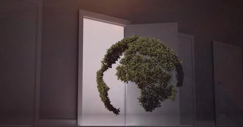Composition of globe formed with green leaves over opened door in empty Ilustração Stock