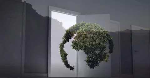 Composition of globe formed with green leaves over opened door and landscape Ilustração Stock
