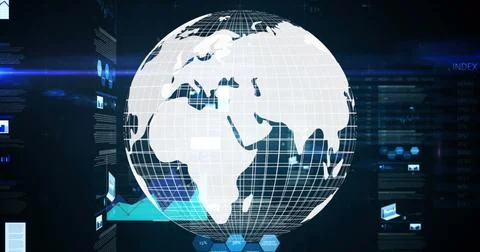 Composition of globe with icons and data processing Illustrazione stock