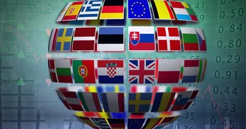 Composition of globe with national flags over financial data processing on green Ilustração Stock