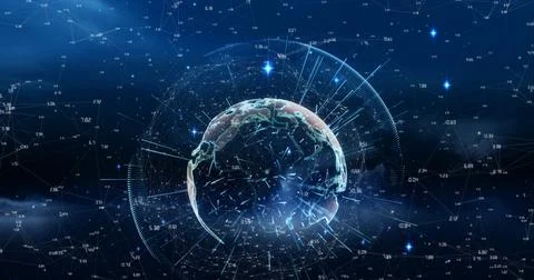 Composition of globe with network of connections on blue background Illustrazione stock