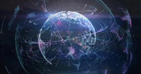 Composition of globe with network of connections over landscape in background Illustrazione stock