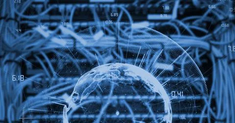 Composition of globe with network of connections over computer server cables Illustrazione stock