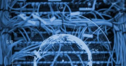 Composition of globe with network of connections over computer server cables Stockfoto's