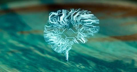 Composition of glowing brain shaped computer motherboard over blurred watery Stock Illustration